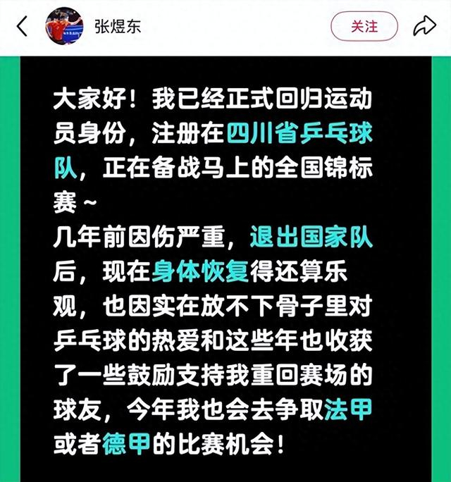 30岁张煜东重返赛场备战全锦赛冲击欧洲联赛